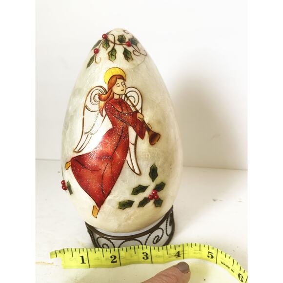 Vintage Hand Painted Angel Capiz Shell Egg w/ Stand 7" Made in Philippines - Picture 9 of 9